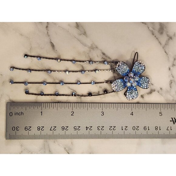Elegant Blue Rhinestone Flower Hair Clip Barrette With Dangling Strands - Picture 4 of 4